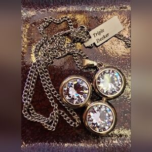 Triple Decker Silver Crystal Trio Pendant Necklace